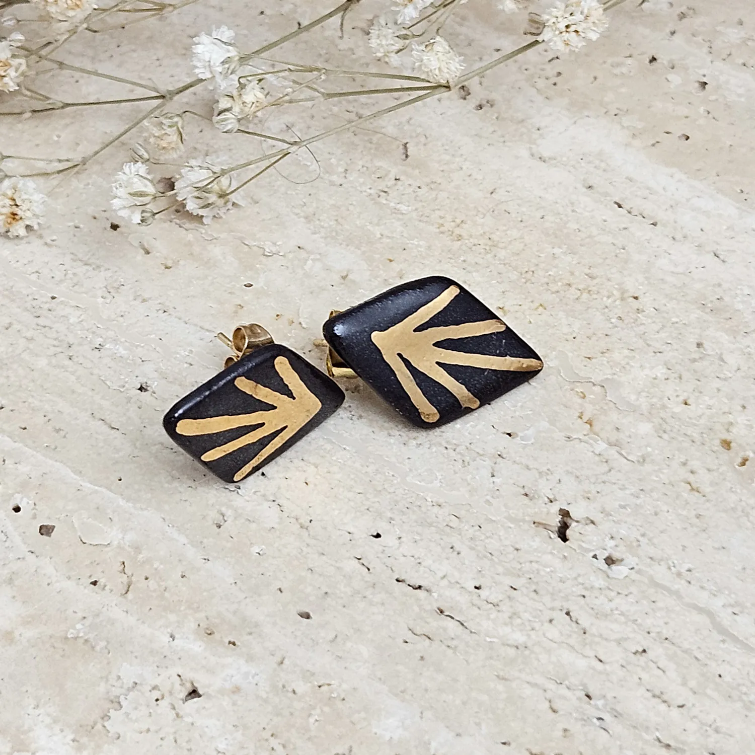 Black fine ceramic porcelain designer earrings with 22k gold plating - Image 2