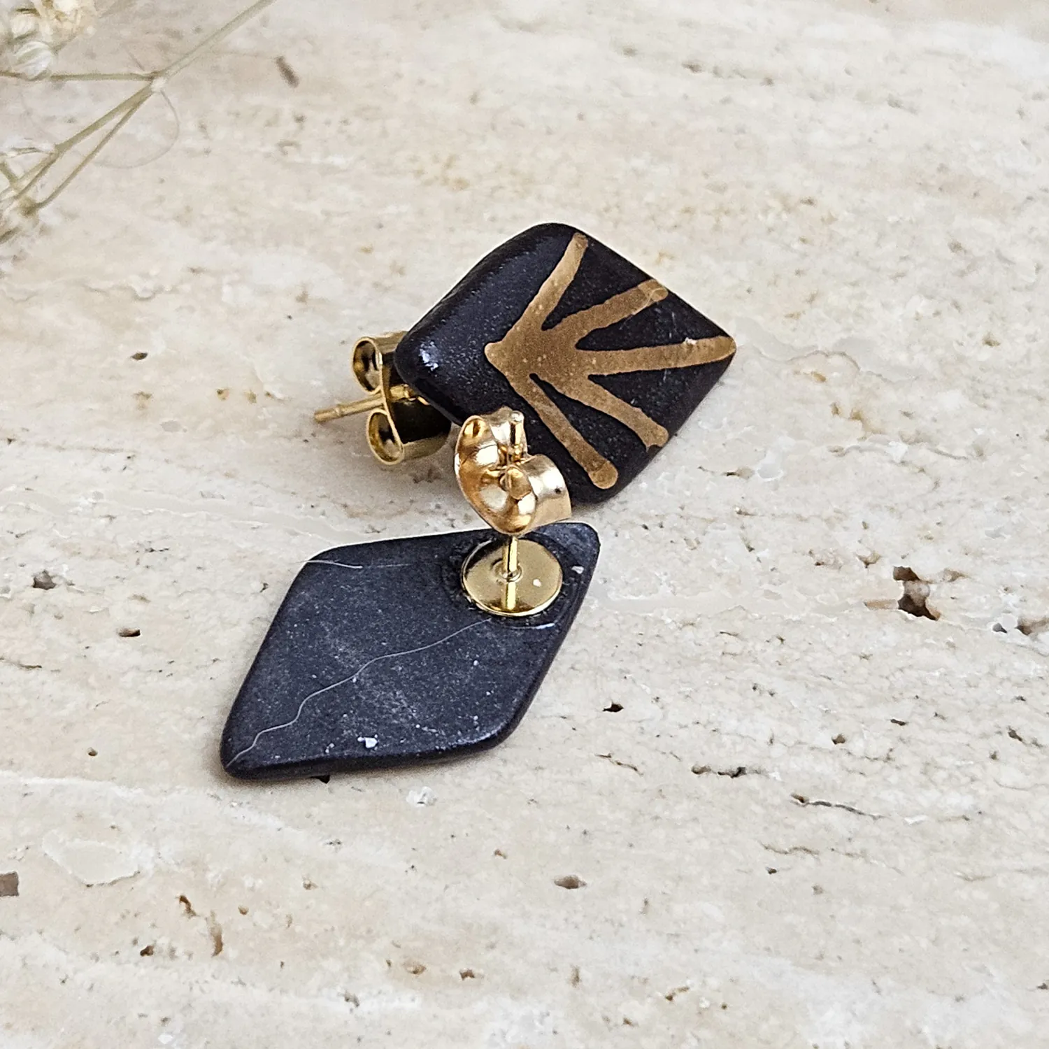 Black fine ceramic porcelain designer earrings with 22k gold plating - Image 3