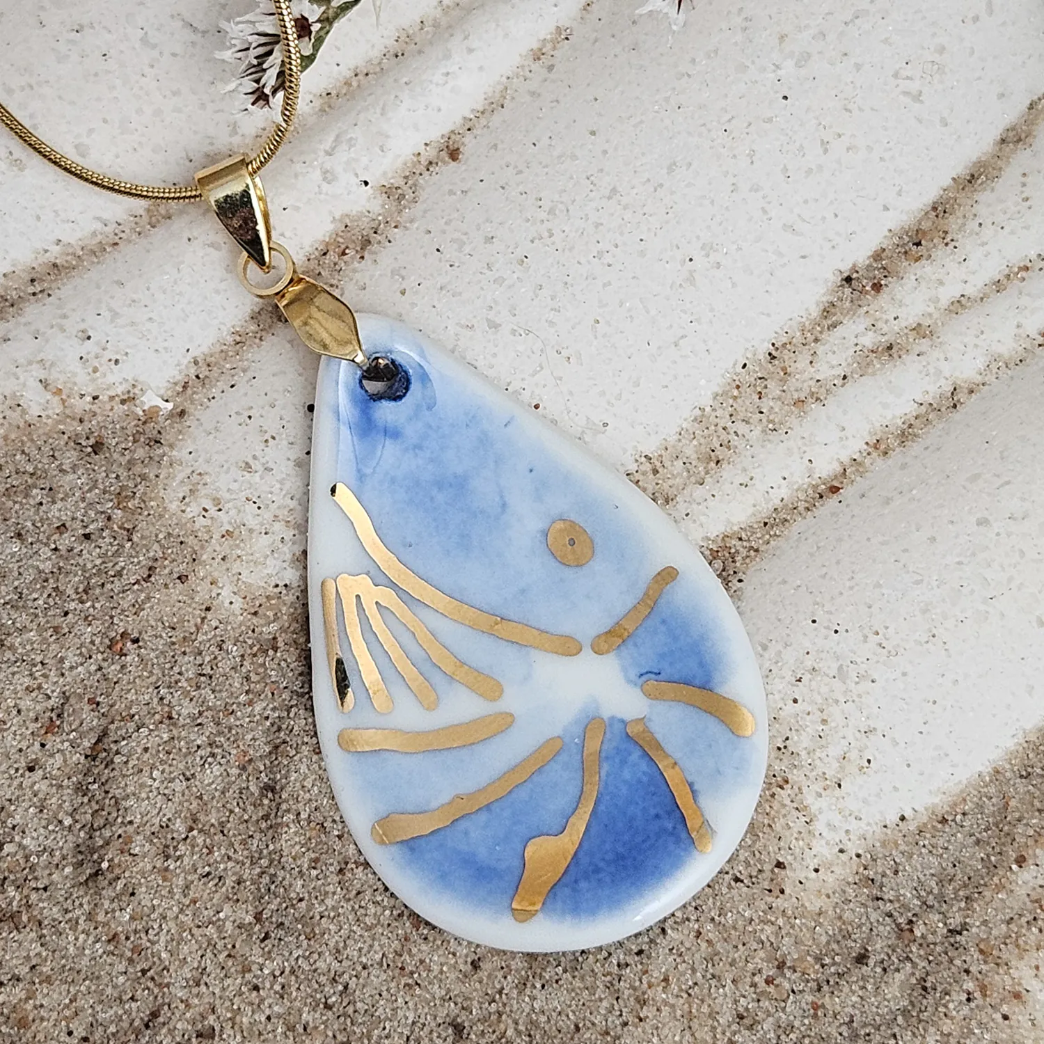 Cobalt blue fine ceramic porcelain designer necklace - hand-painted artisan shrimp with 22k gold plating
