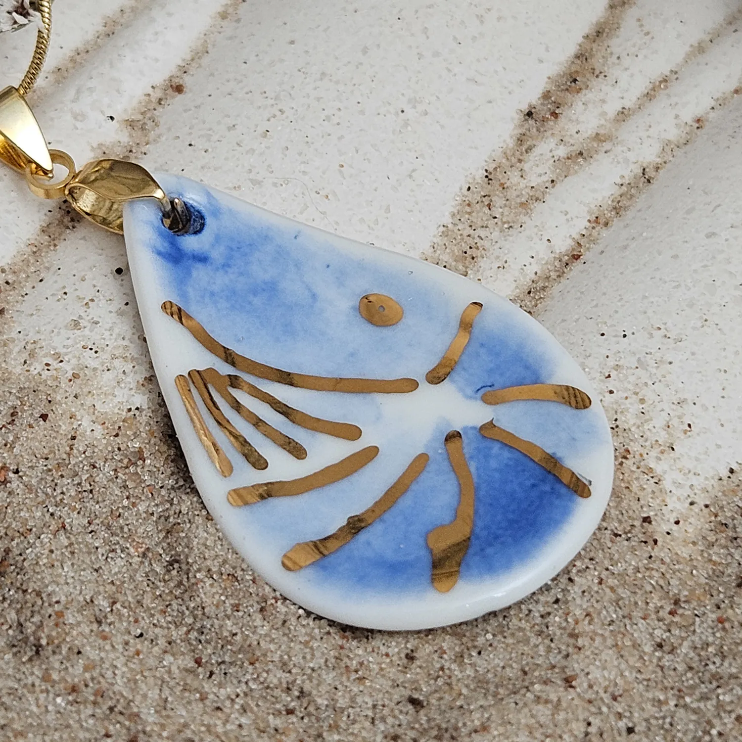 Cobalt blue fine ceramic porcelain designer necklace - hand-painted artisan shrimp with 22k gold plating - Image 2