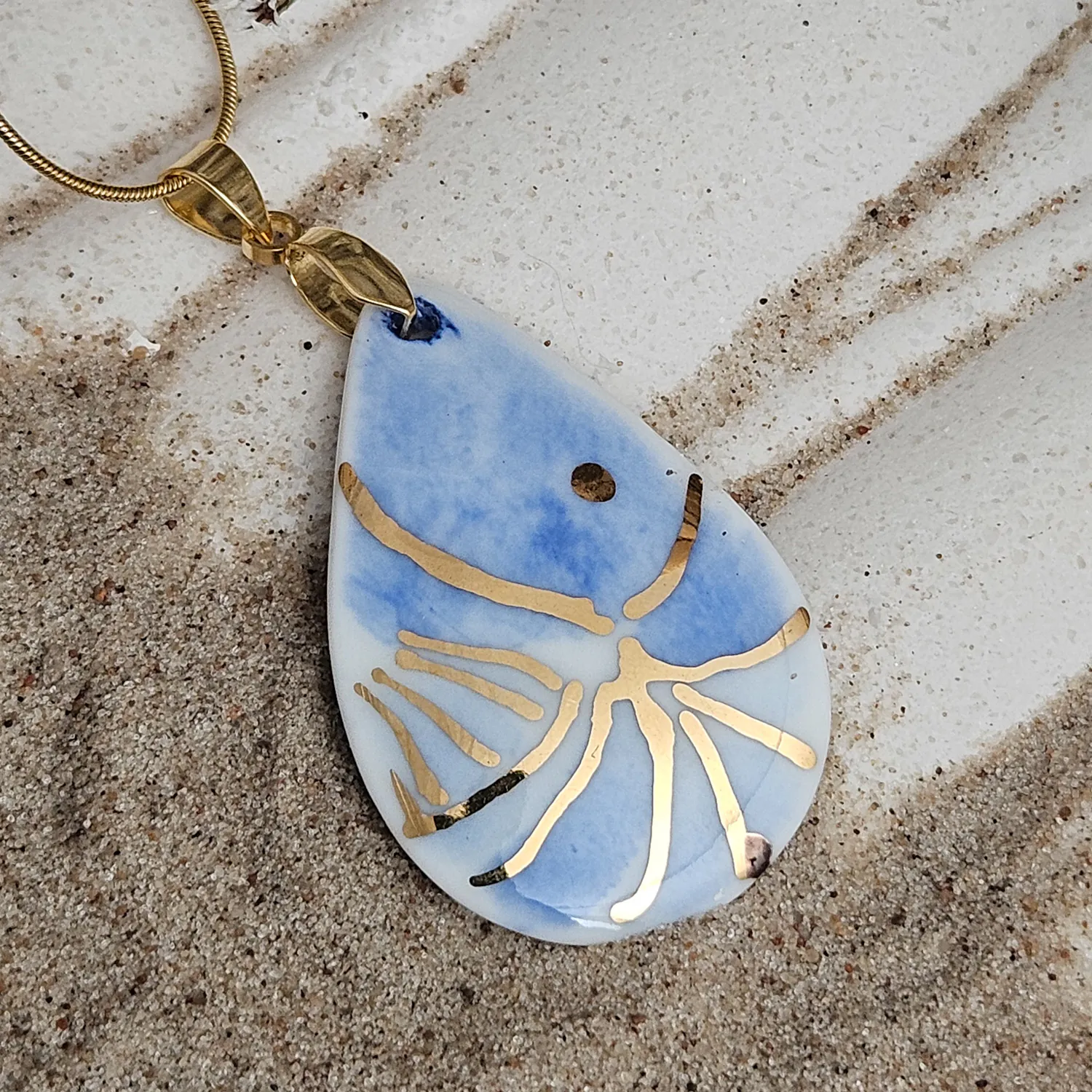 Cobalt blue fine ceramic porcelain designer necklace - hand-painted artisan shrimp with 22k gold plating - Image 3