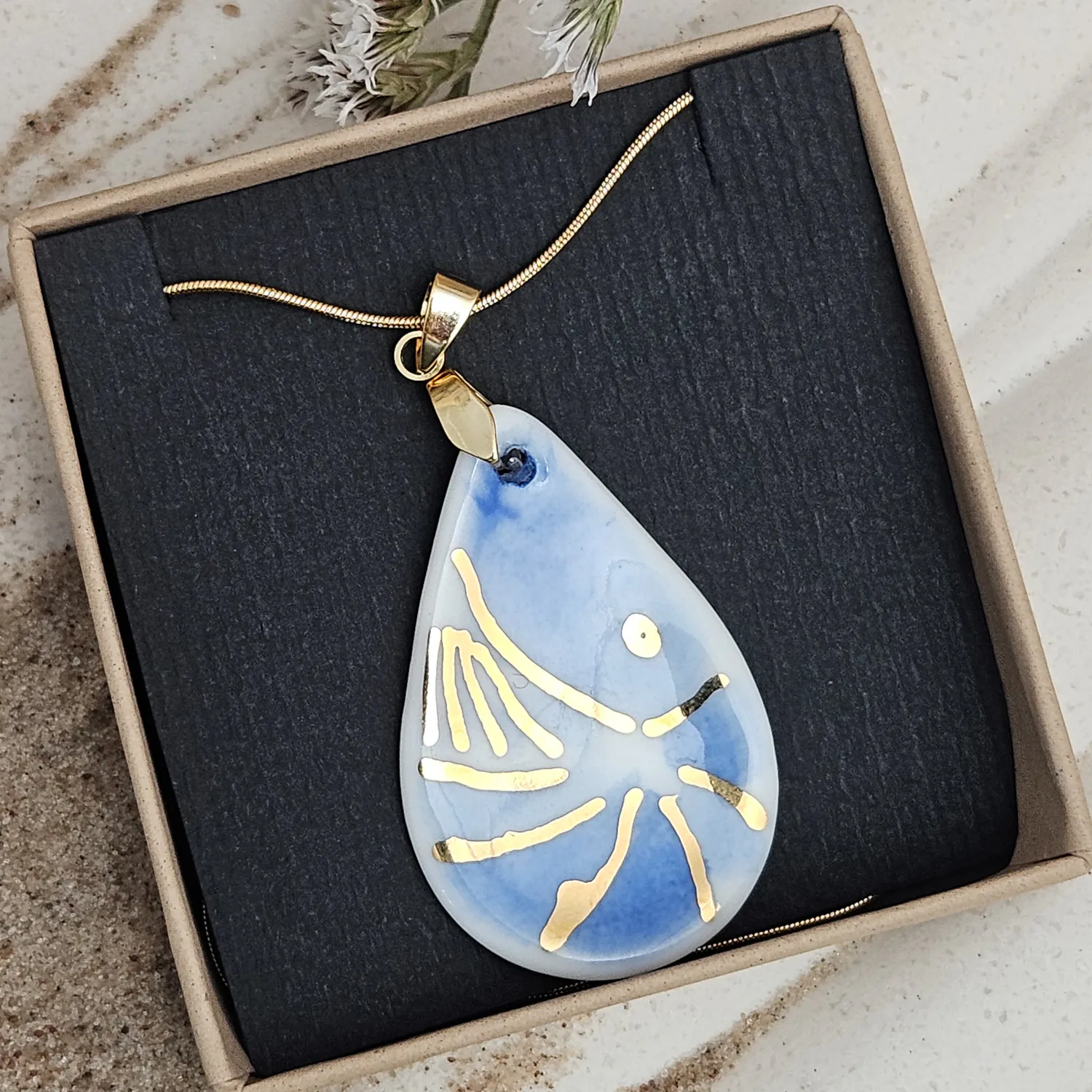 Cobalt blue fine ceramic porcelain designer necklace - hand-painted artisan shrimp with 22k gold plating - Image 4