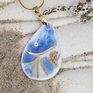 Cobalt blue fine ceramic porcelain designer necklace - hand-painted artisan shrimp with 22k gold plating