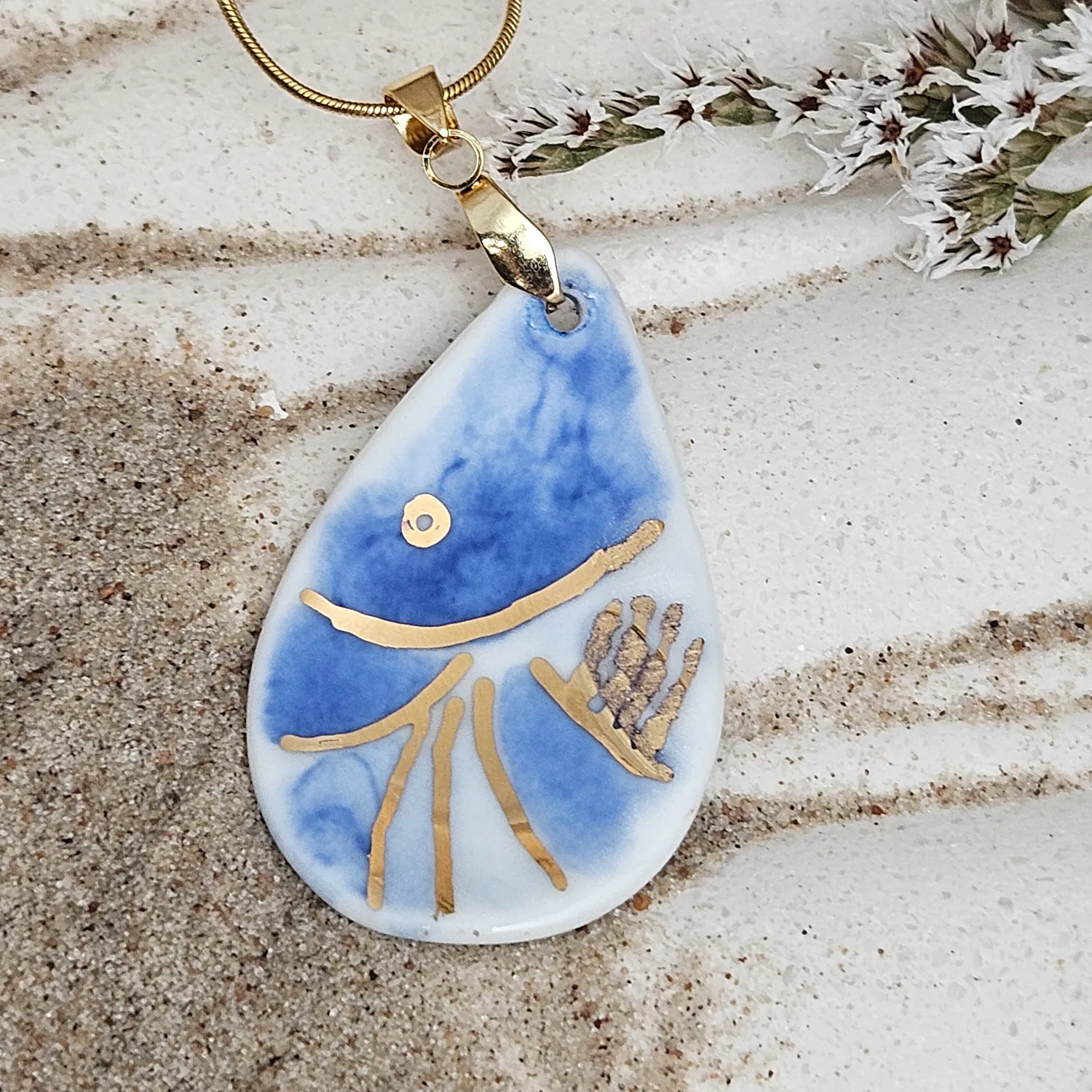 Cobalt blue fine ceramic porcelain designer necklace - hand-painted artisan shrimp with 22k gold plating