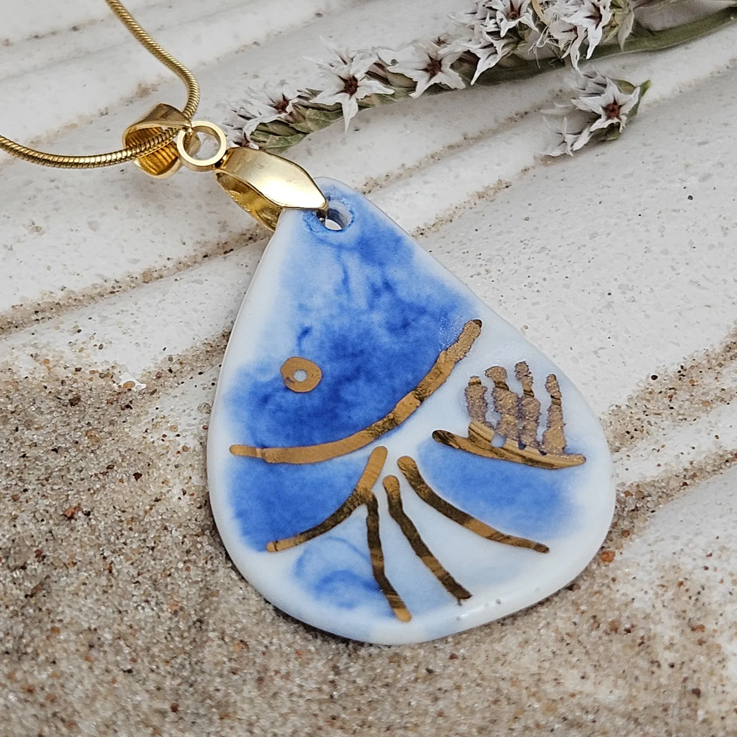 Cobalt blue fine ceramic porcelain designer necklace - hand-painted artisan shrimp with 22k gold plating - Image 2