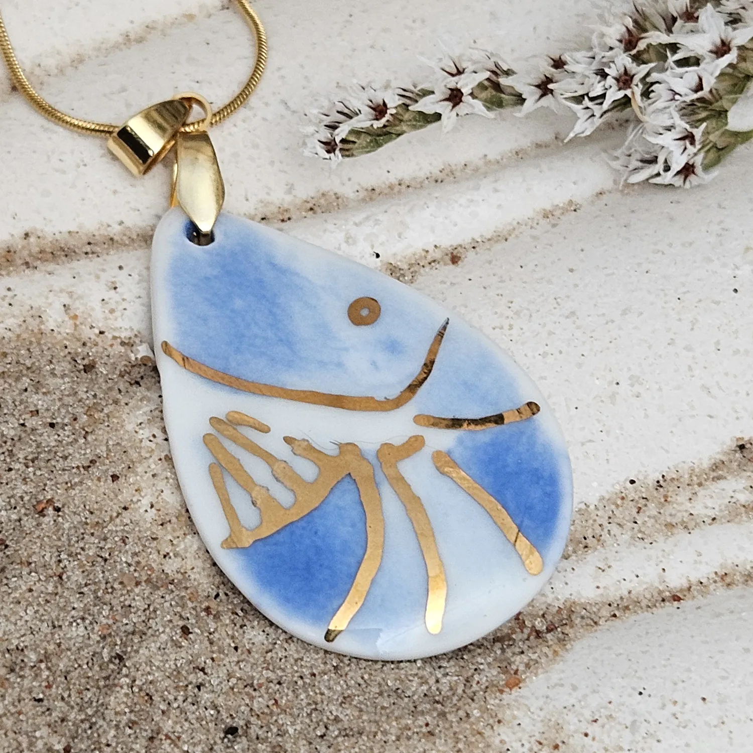 Cobalt blue fine ceramic porcelain designer necklace - hand-painted artisan shrimp with 22k gold plating - Image 3