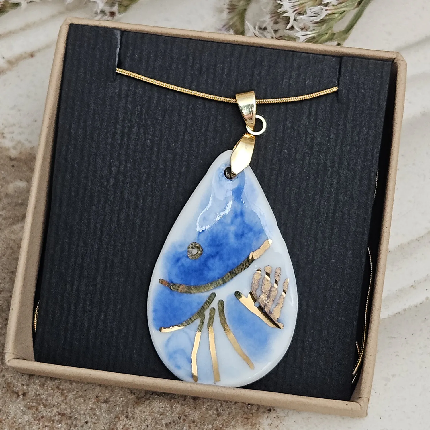 Cobalt blue fine ceramic porcelain designer necklace - hand-painted artisan shrimp with 22k gold plating - Image 4