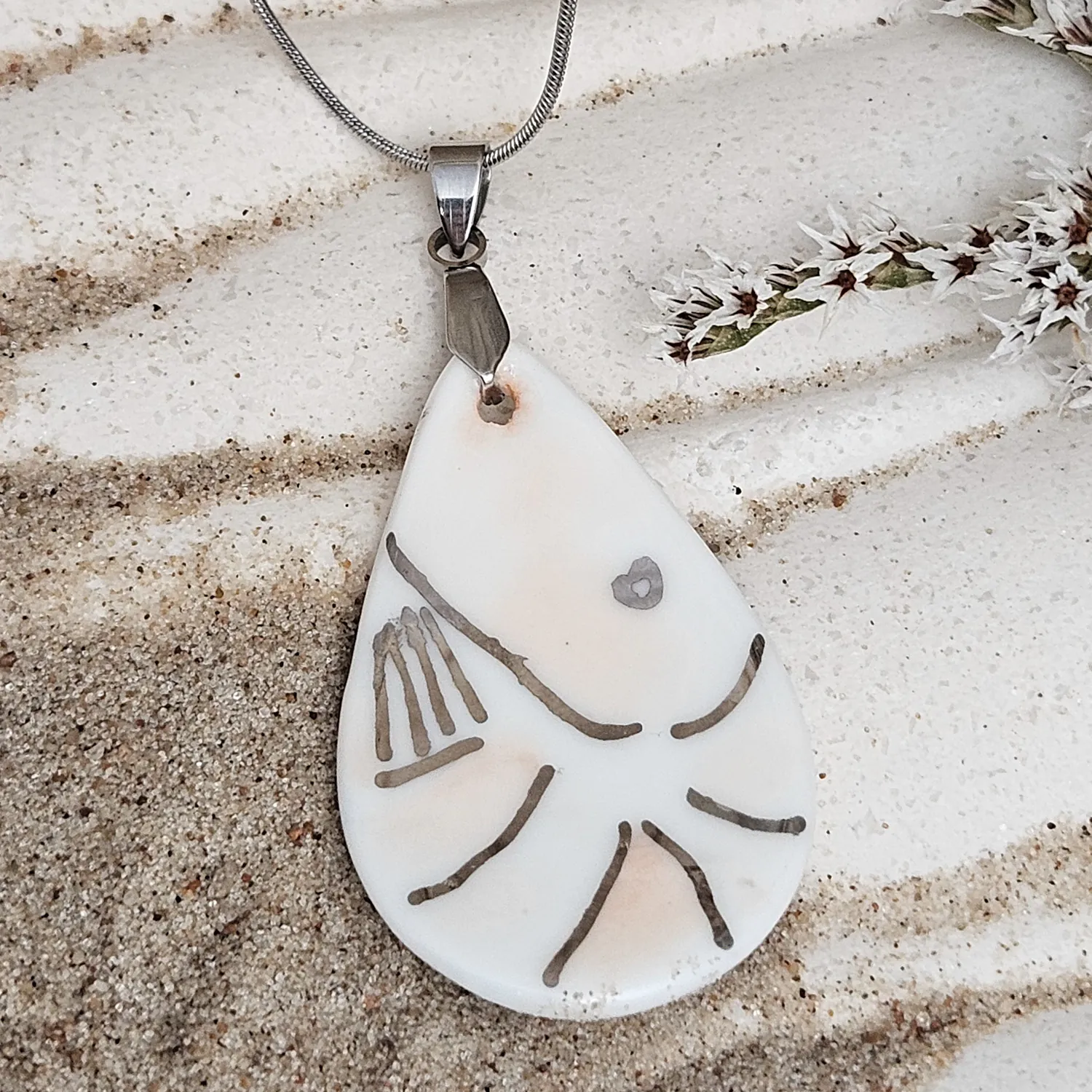 Fine ceramic fine ceramic porcelain designer necklace - hand-painted artisan shrimp with silver accents (white gold)