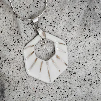 Two-sided pink fine ceramic porcelain designer necklace with ice crystal - hand-painted artisan geometric shell pattern with silver accents (white gold)