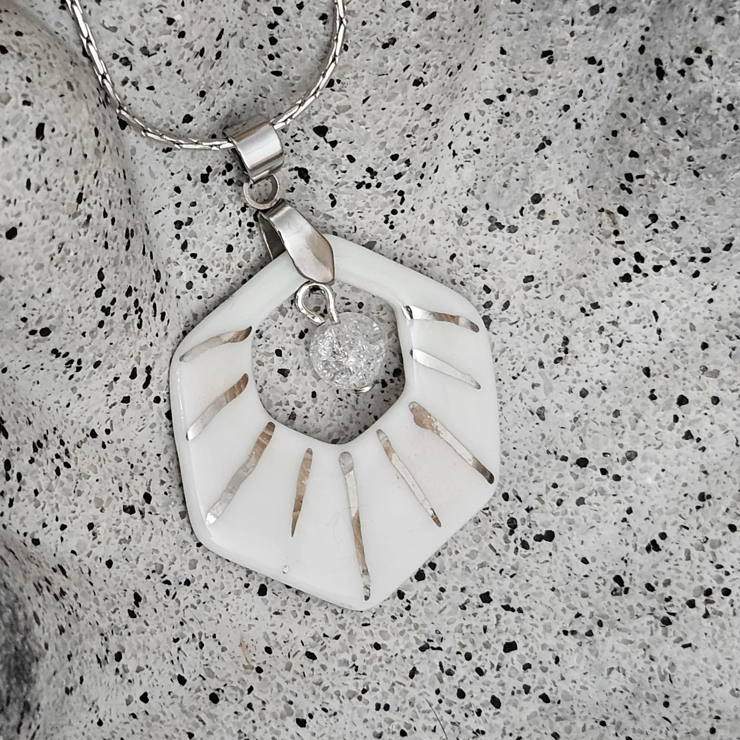 Two-sided pink fine ceramic porcelain designer necklace with ice crystal - hand-painted artisan geometric shell pattern with silver accents (white gold)
