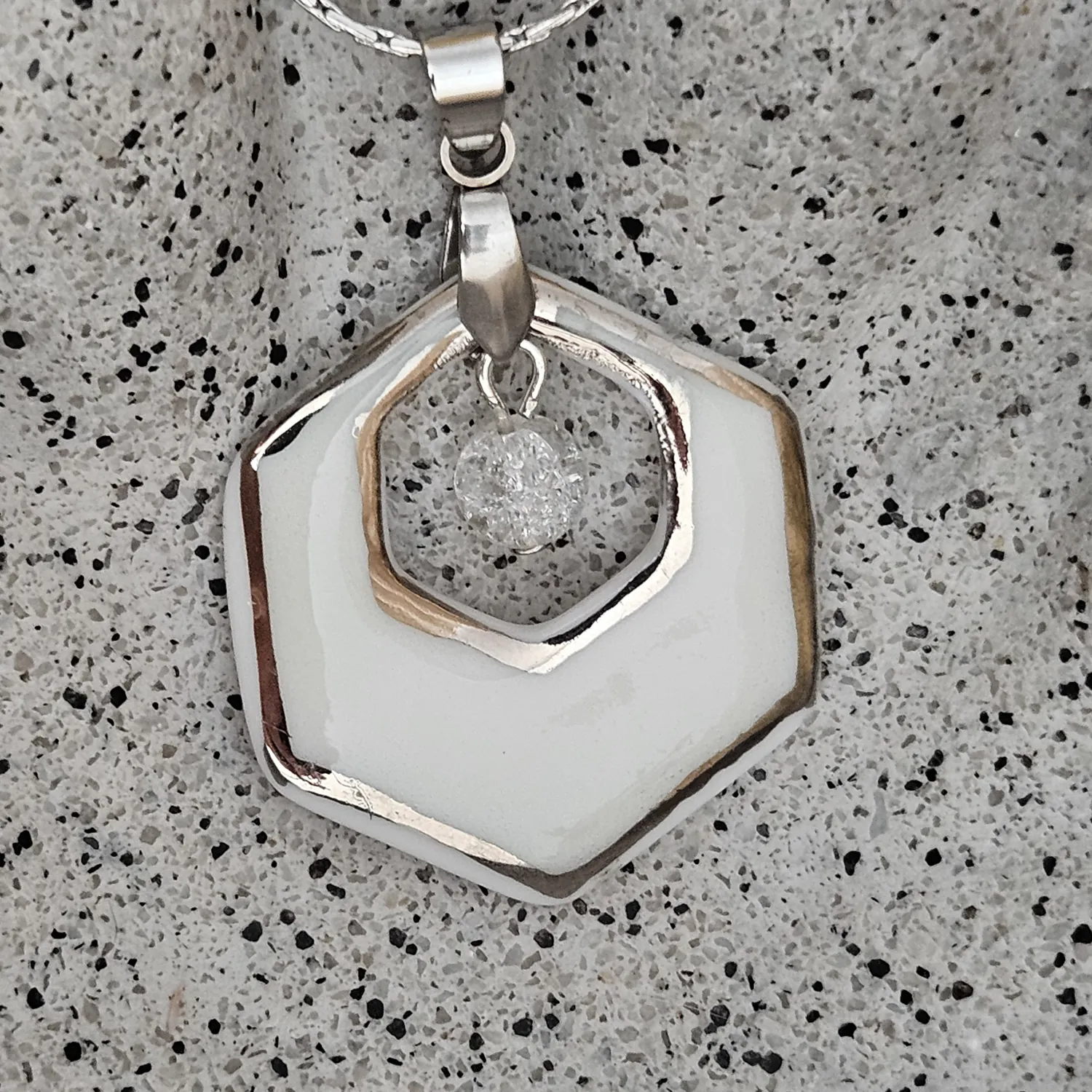 Two-sided pink fine ceramic porcelain designer necklace with ice crystal - hand-painted artisan geometric shell pattern with silver accents (white gold) - Image 2