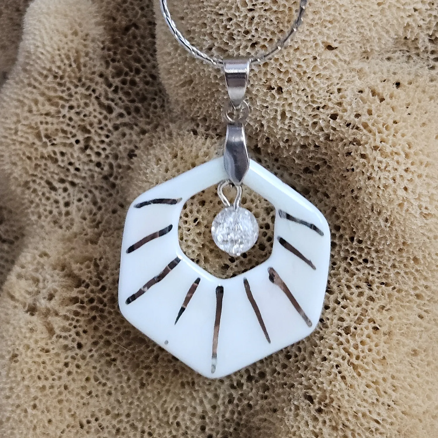 Two-sided pink fine ceramic porcelain designer necklace with ice crystal - hand-painted artisan geometric shell pattern with silver accents (white gold) - Image 5