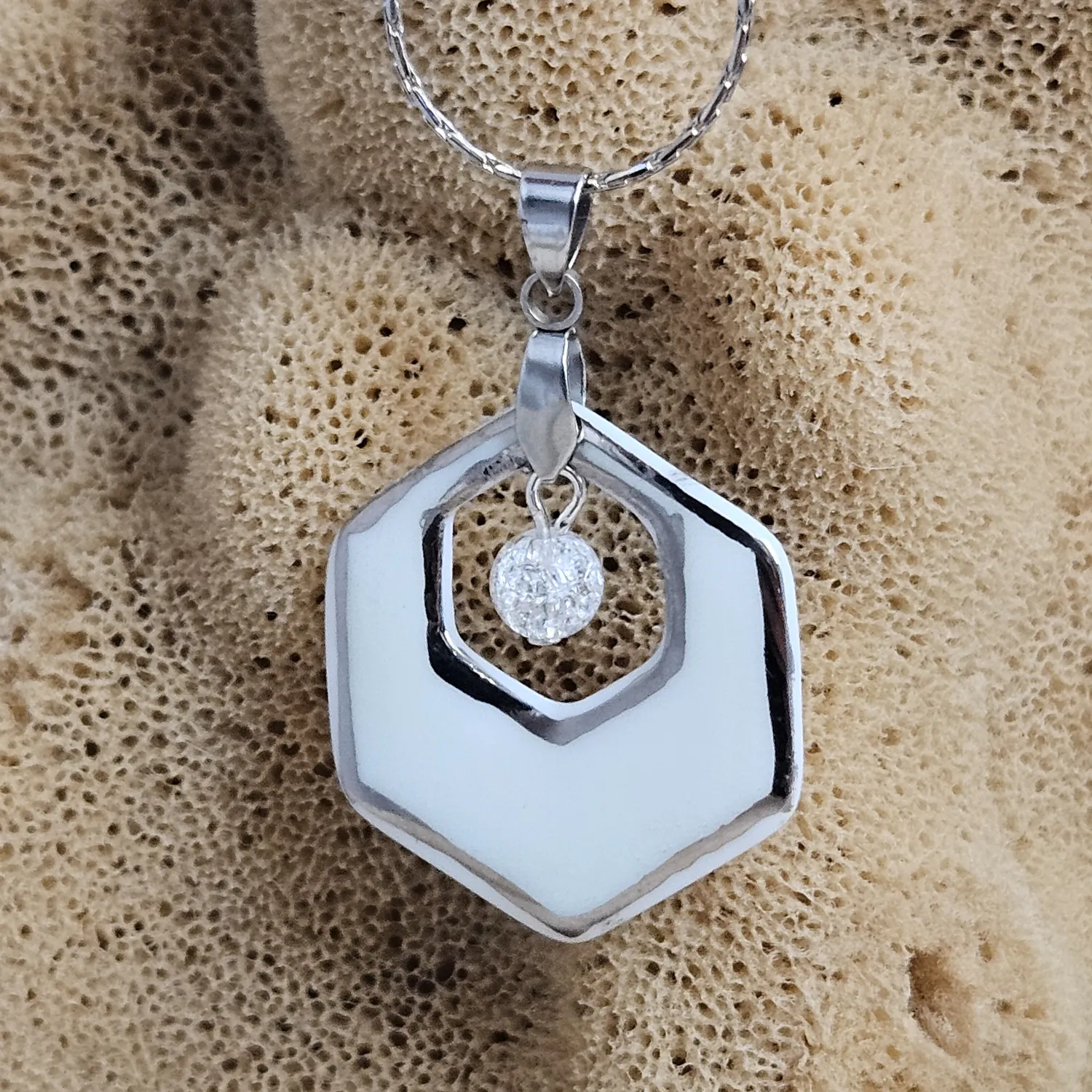 Two-sided pink fine ceramic porcelain designer necklace with ice crystal - hand-painted artisan geometric shell pattern with silver accents (white gold) - Image 6