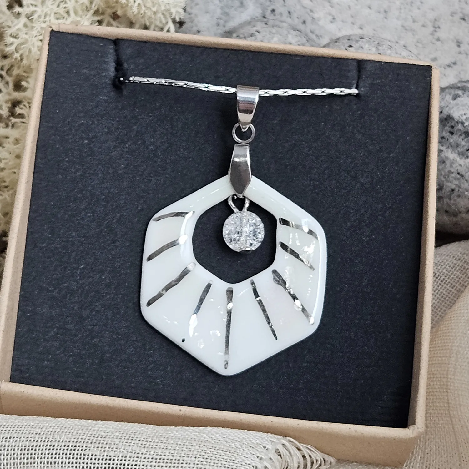 Two-sided pink fine ceramic porcelain designer necklace with ice crystal - hand-painted artisan geometric shell pattern with silver accents (white gold) - Image 7