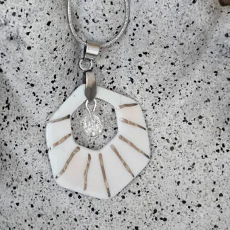 Two-sided pink fine ceramic porcelain designer necklace with ice crystal - hand-painted artisan geometric shell pattern with silver accents (white gold)