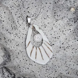 Two-sided pink fine ceramic porcelain designer necklace with ice crystal - hand-painted artisan geometric shell pattern with silver accents (white gold)