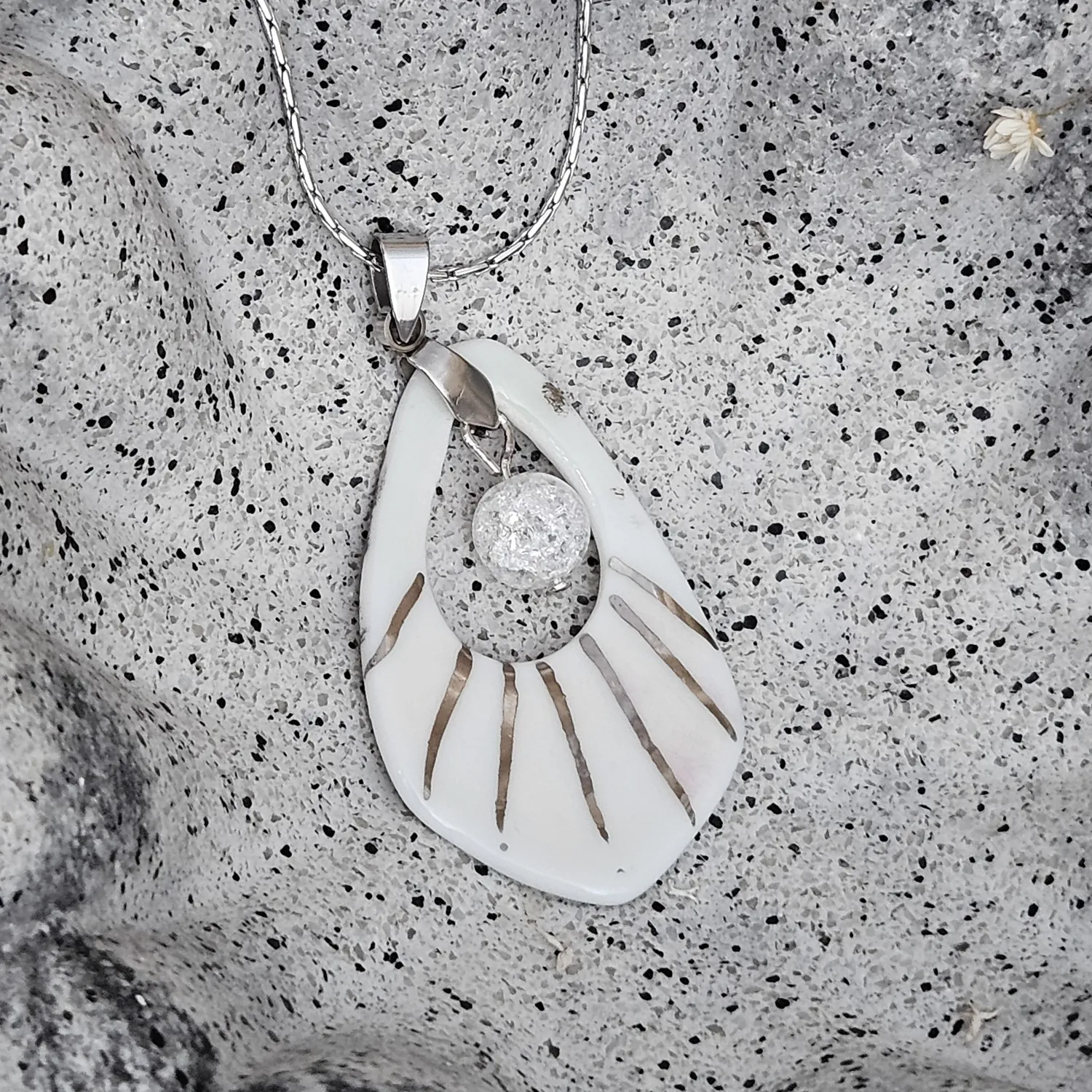 Two-sided pink fine ceramic porcelain designer necklace with ice crystal - hand-painted artisan geometric shell pattern with silver accents (white gold)