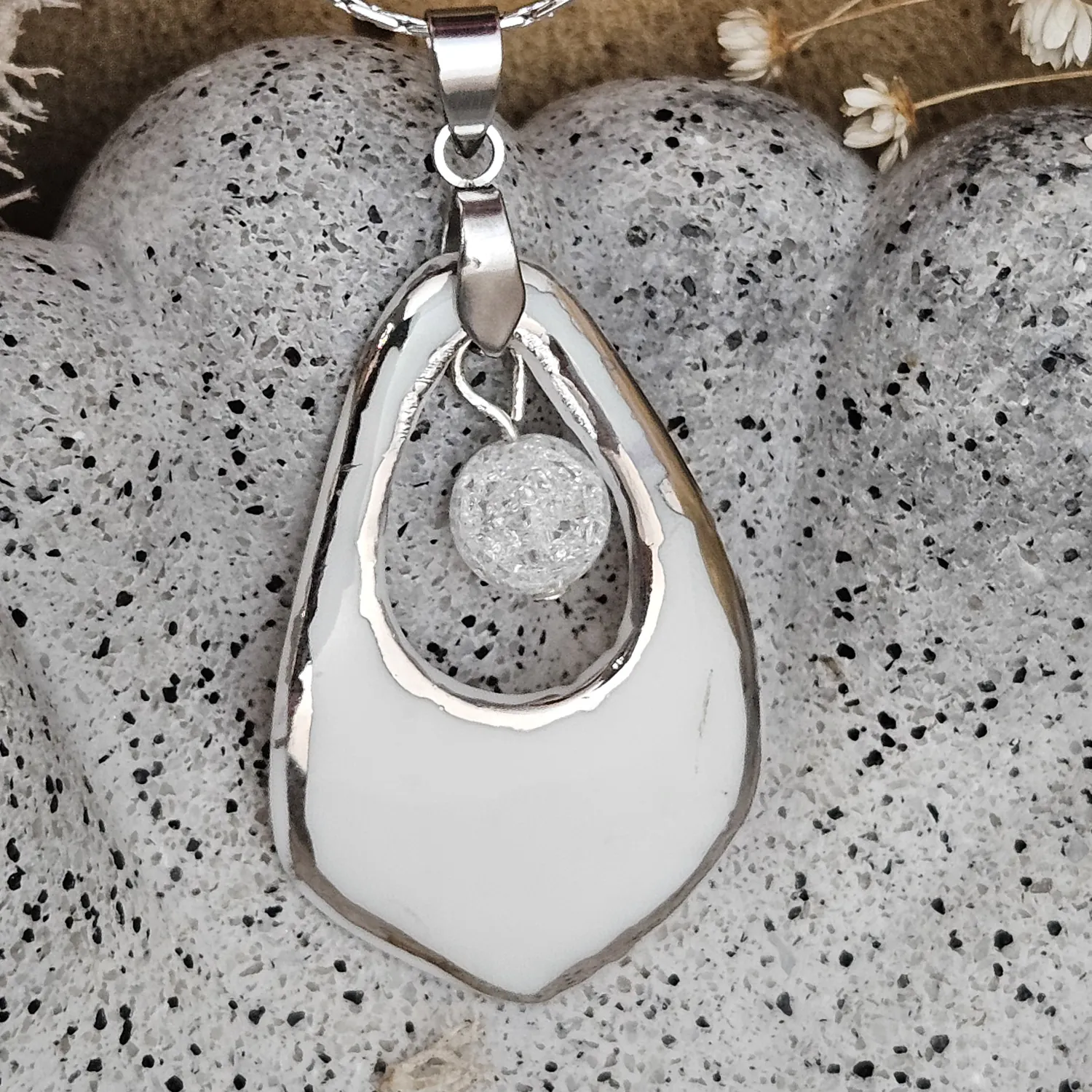 Two-sided pink fine ceramic porcelain designer necklace with ice crystal - hand-painted artisan geometric shell pattern with silver accents (white gold) - Image 2