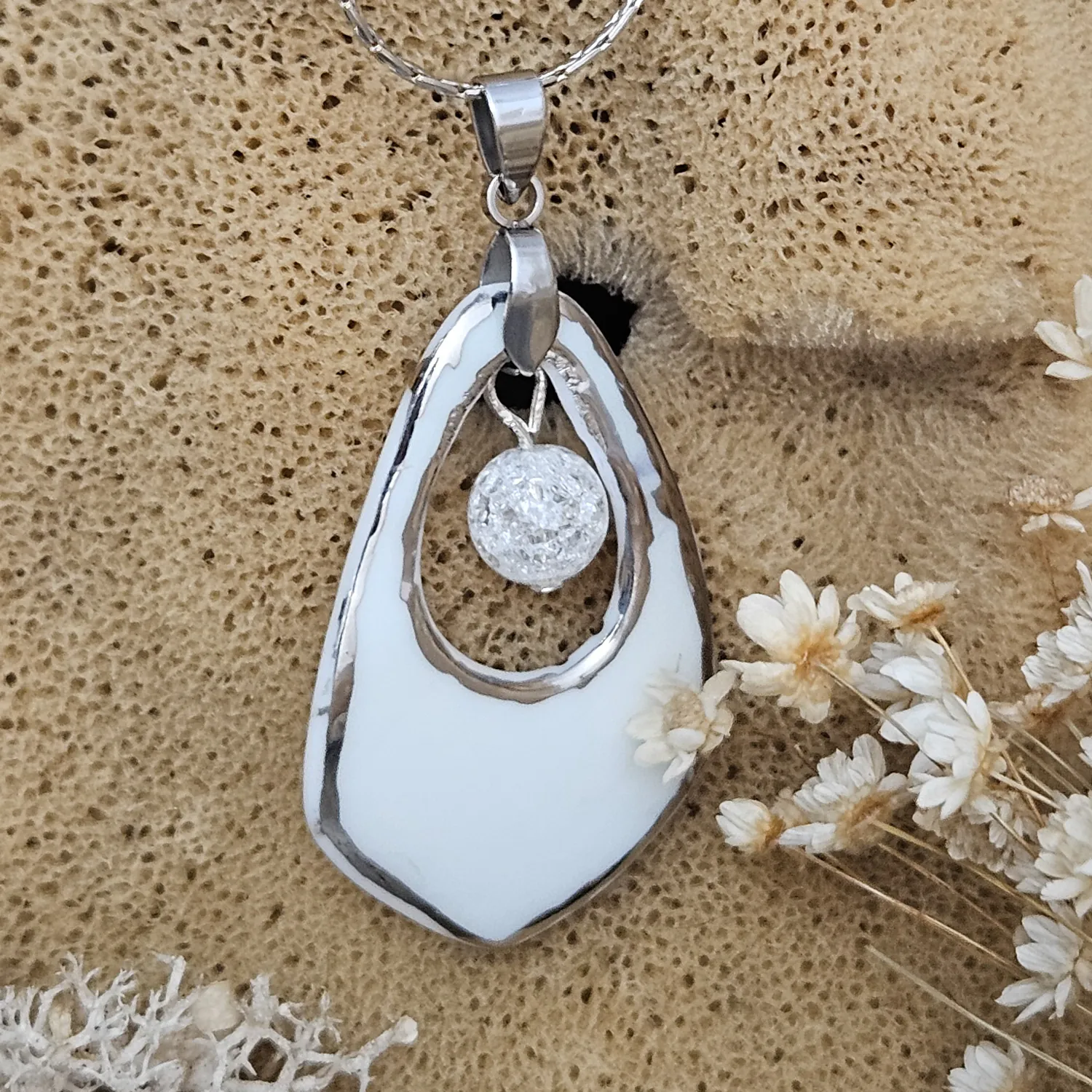 Two-sided pink fine ceramic porcelain designer necklace with ice crystal - hand-painted artisan geometric shell pattern with silver accents (white gold) - Image 4