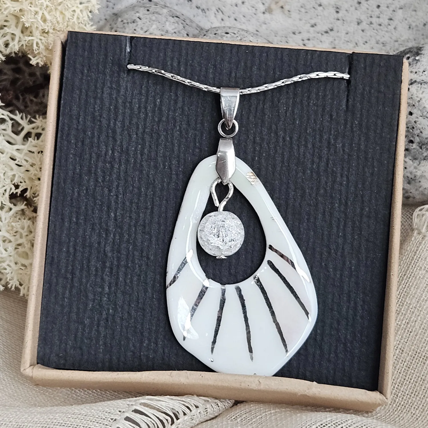 Two-sided pink fine ceramic porcelain designer necklace with ice crystal - hand-painted artisan geometric shell pattern with silver accents (white gold) - Image 5
