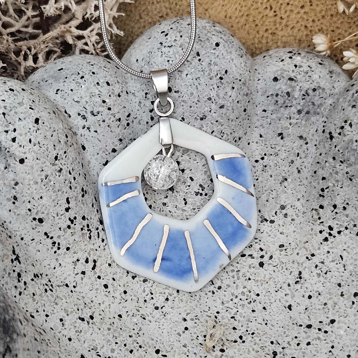 Two-sided blue fine ceramic porcelain designer necklace with ice crystal - hand-painted artisan geometric shell pattern with silver accents (white gold)