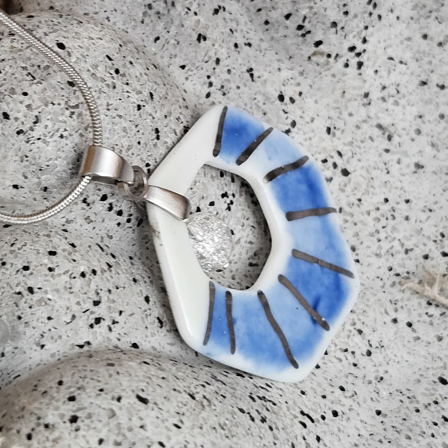 Two-sided blue fine ceramic porcelain designer necklace with ice crystal - hand-painted artisan geometric shell pattern with silver accents (white gold) - Image 2