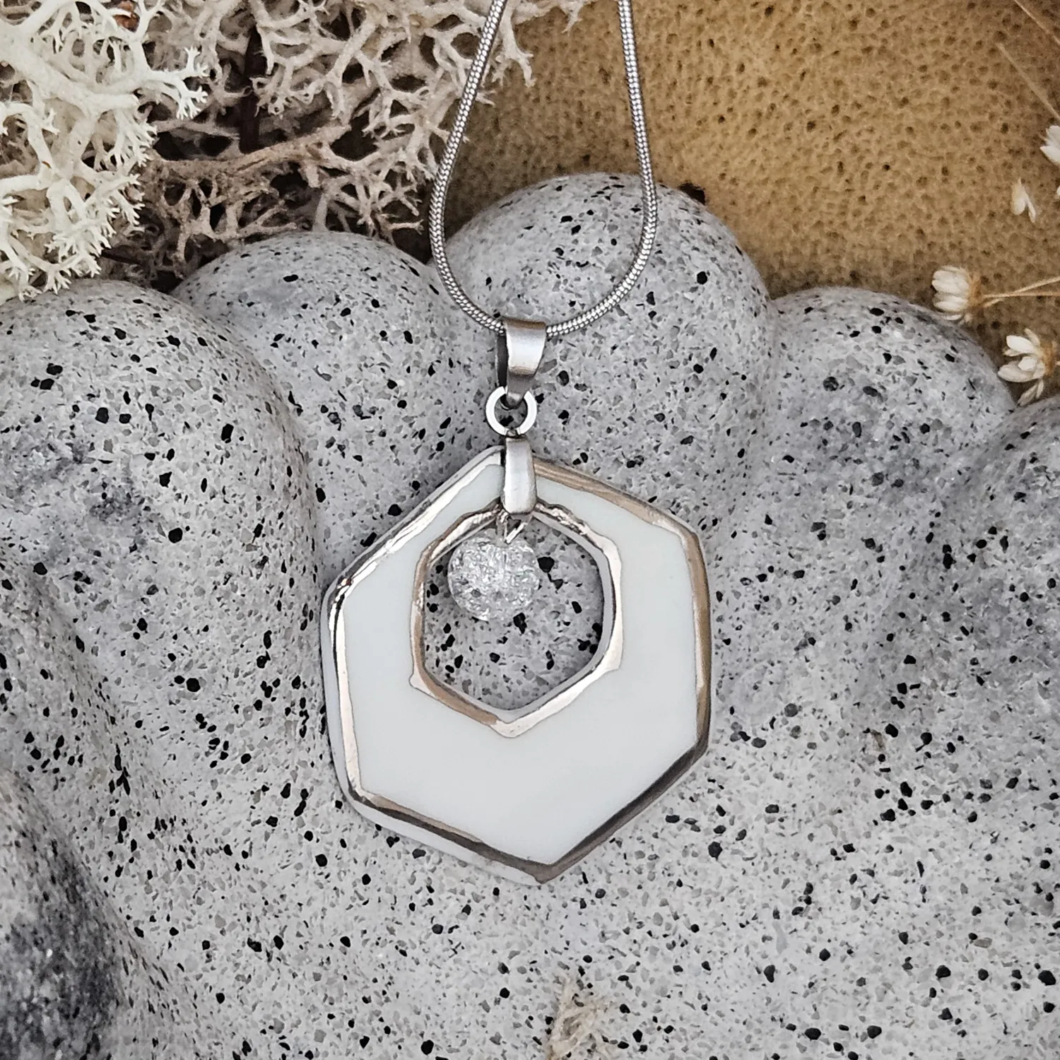 Two-sided blue fine ceramic porcelain designer necklace with ice crystal - hand-painted artisan geometric shell pattern with silver accents (white gold) - Image 3