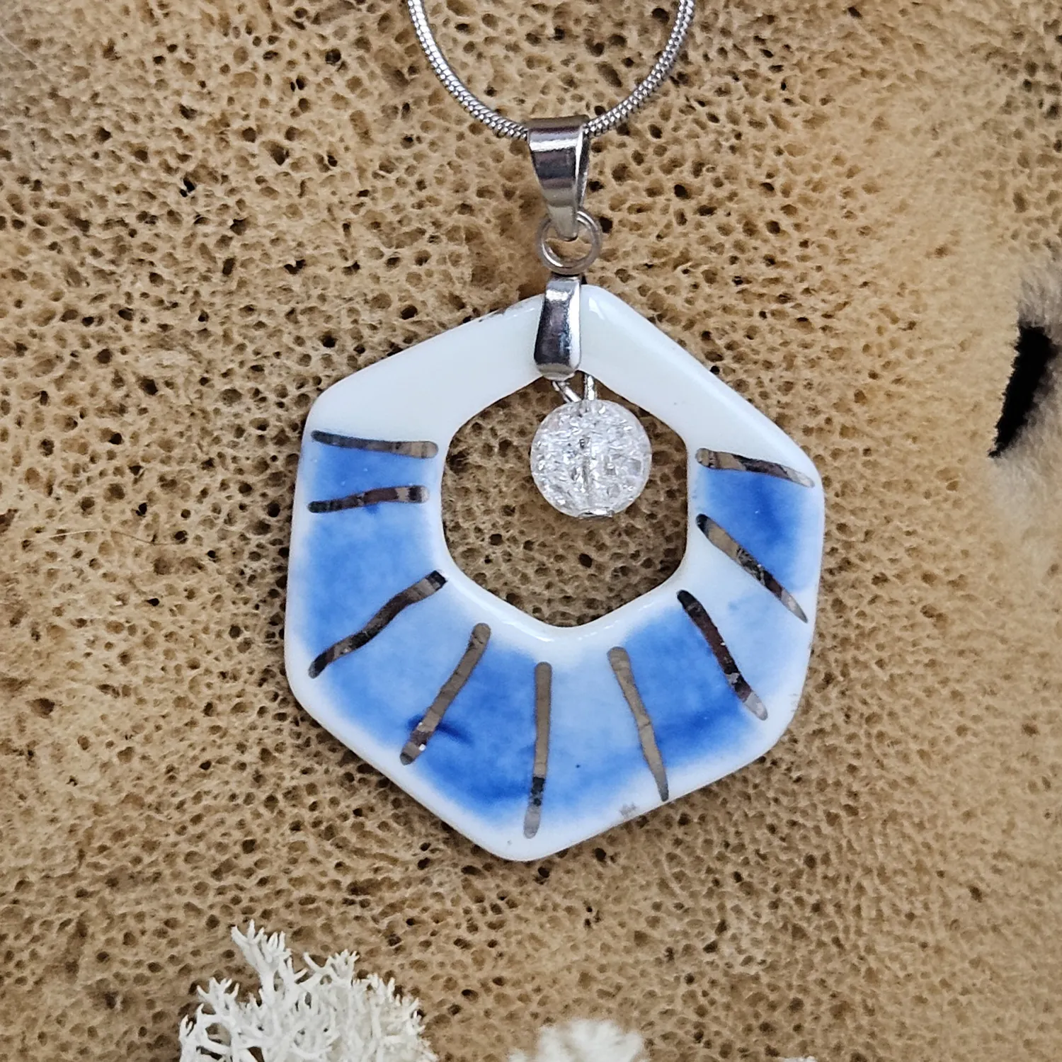 Two-sided blue fine ceramic porcelain designer necklace with ice crystal - hand-painted artisan geometric shell pattern with silver accents (white gold) - Image 4