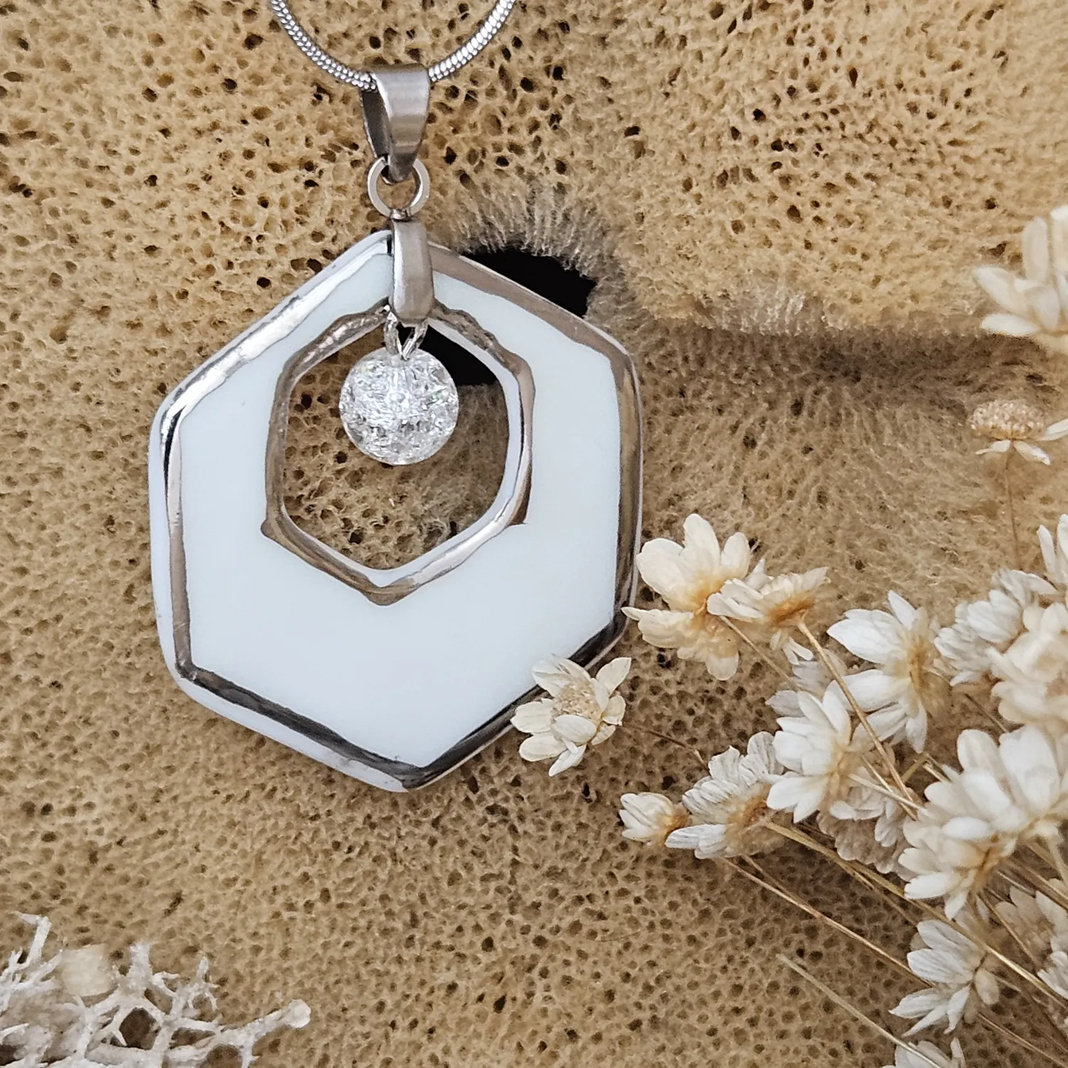 Two-sided blue fine ceramic porcelain designer necklace with ice crystal - hand-painted artisan geometric shell pattern with silver accents (white gold) - Image 5
