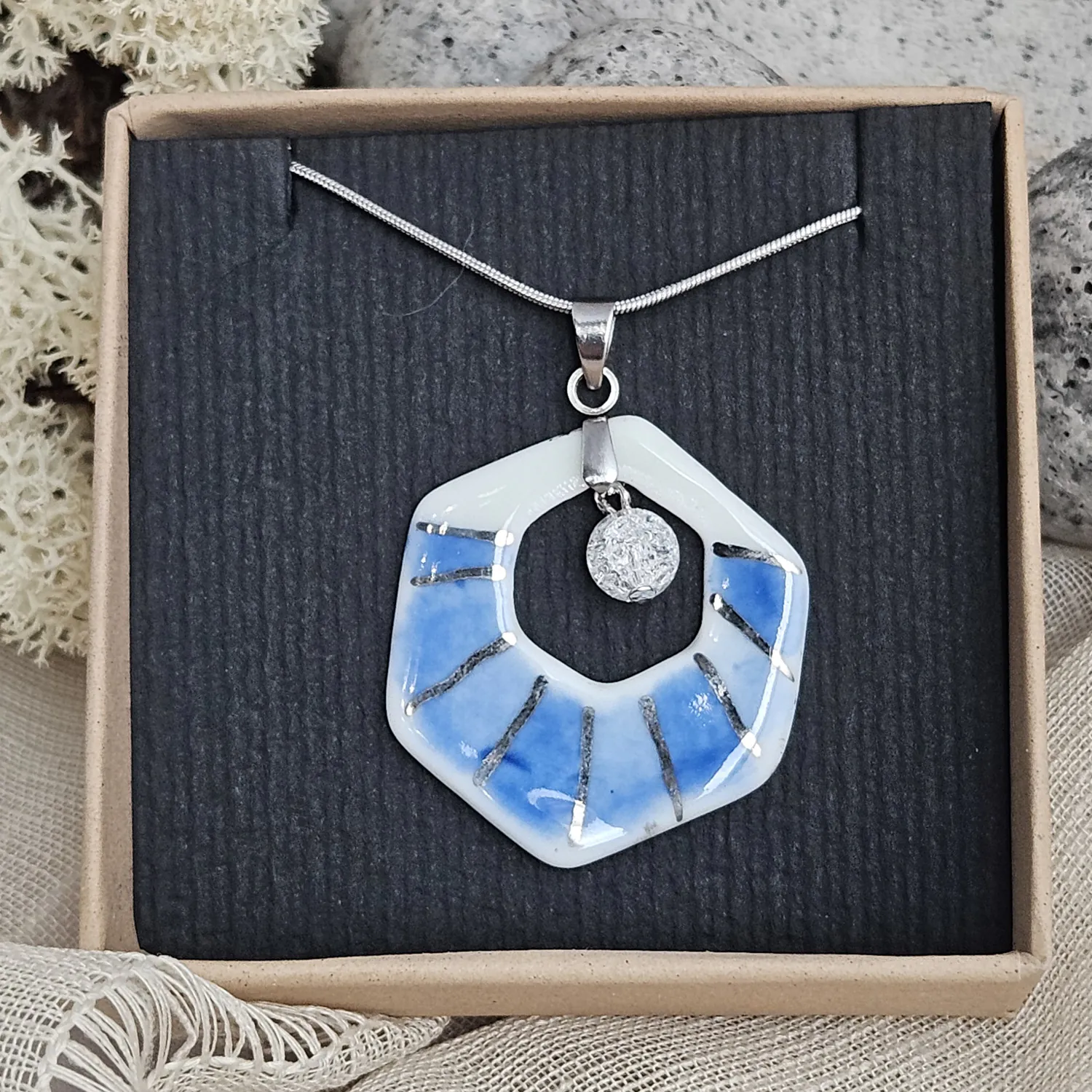 Two-sided blue fine ceramic porcelain designer necklace with ice crystal - hand-painted artisan geometric shell pattern with silver accents (white gold) - Image 6