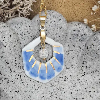 Two-sided blue fine ceramic porcelain designer necklace with ice crystal - hand-painted artisan geometric shell pattern with 22k gold plating