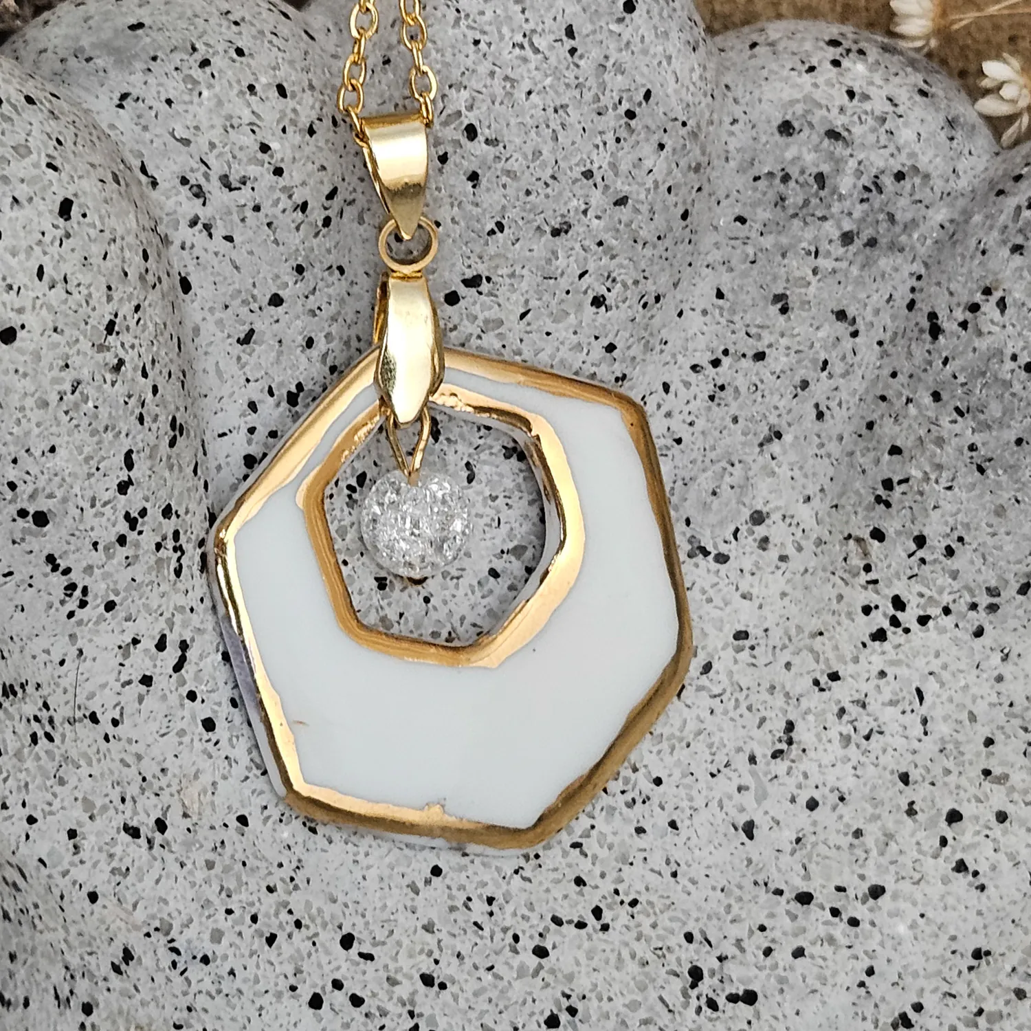 Two-sided blue fine ceramic porcelain designer necklace with ice crystal - hand-painted artisan geometric shell pattern with 22k gold plating - Image 2