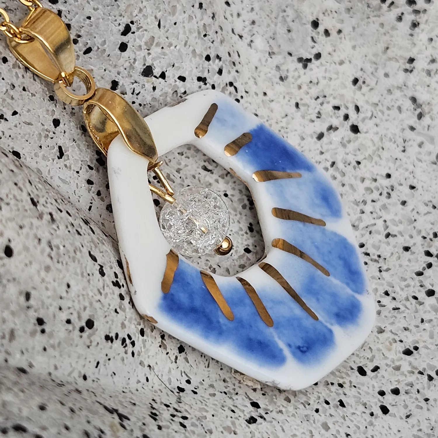 Two-sided blue fine ceramic porcelain designer necklace with ice crystal - hand-painted artisan geometric shell pattern with 22k gold plating - Image 3