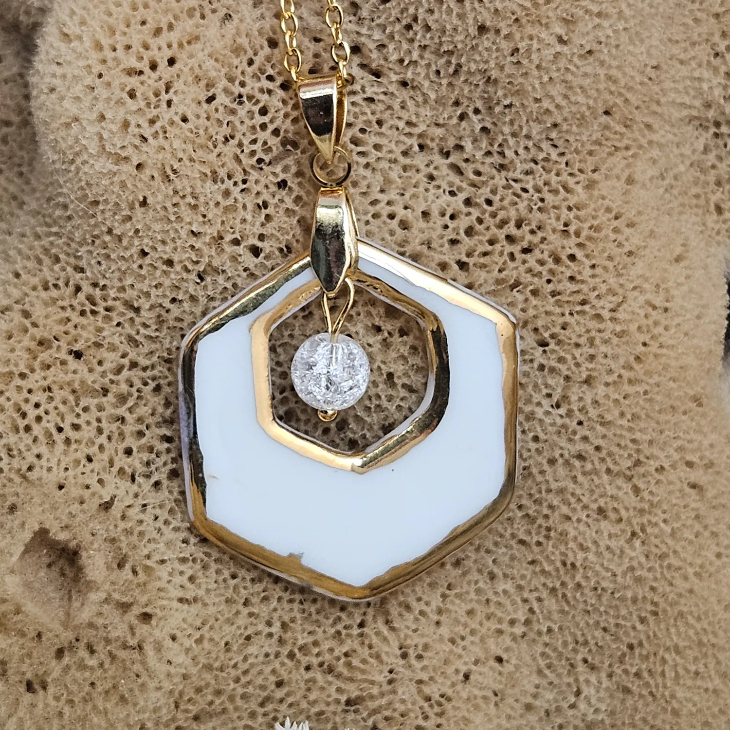 Two-sided blue fine ceramic porcelain designer necklace with ice crystal - hand-painted artisan geometric shell pattern with 22k gold plating - Image 5