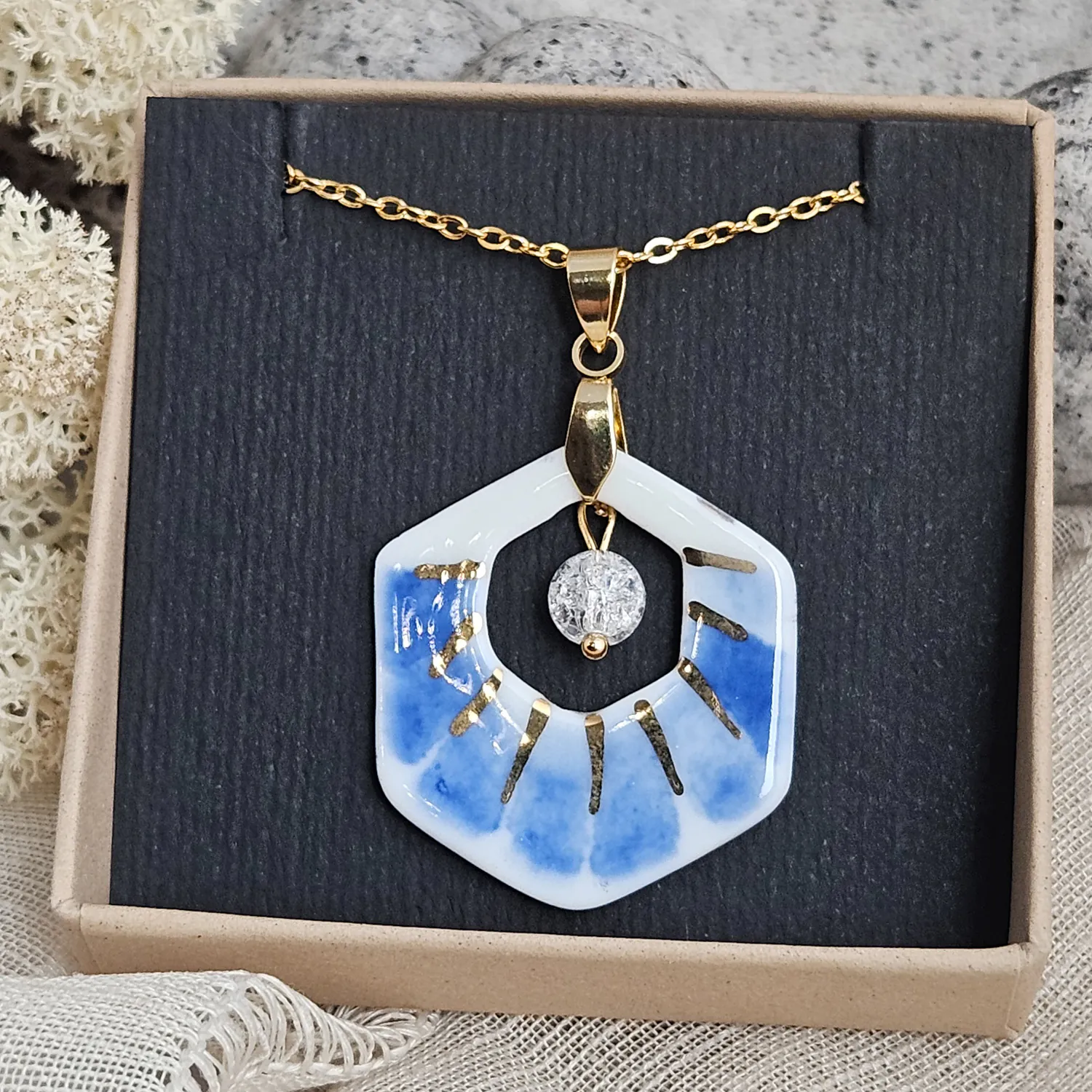 Two-sided blue fine ceramic porcelain designer necklace with ice crystal - hand-painted artisan geometric shell pattern with 22k gold plating - Image 6