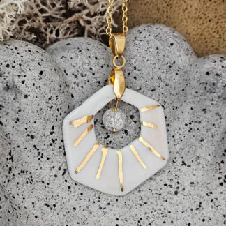Two-sided pink fine ceramic porcelain designer necklace with ice crystal - hand-painted artisan geometric shell pattern with 22k gold plating