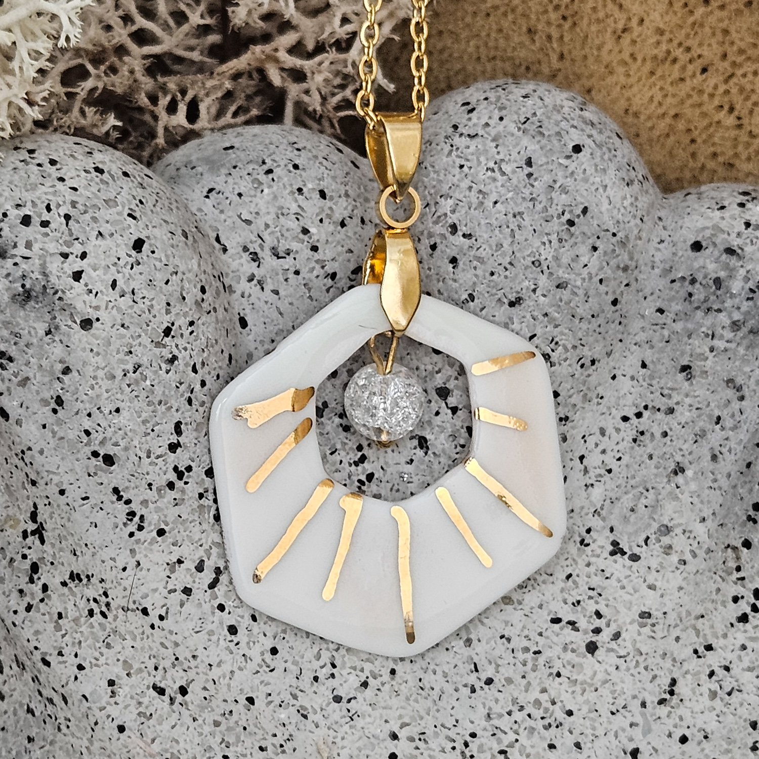 Two-sided pink fine ceramic porcelain designer necklace with ice crystal - hand-painted artisan geometric shell pattern with 22k gold plating