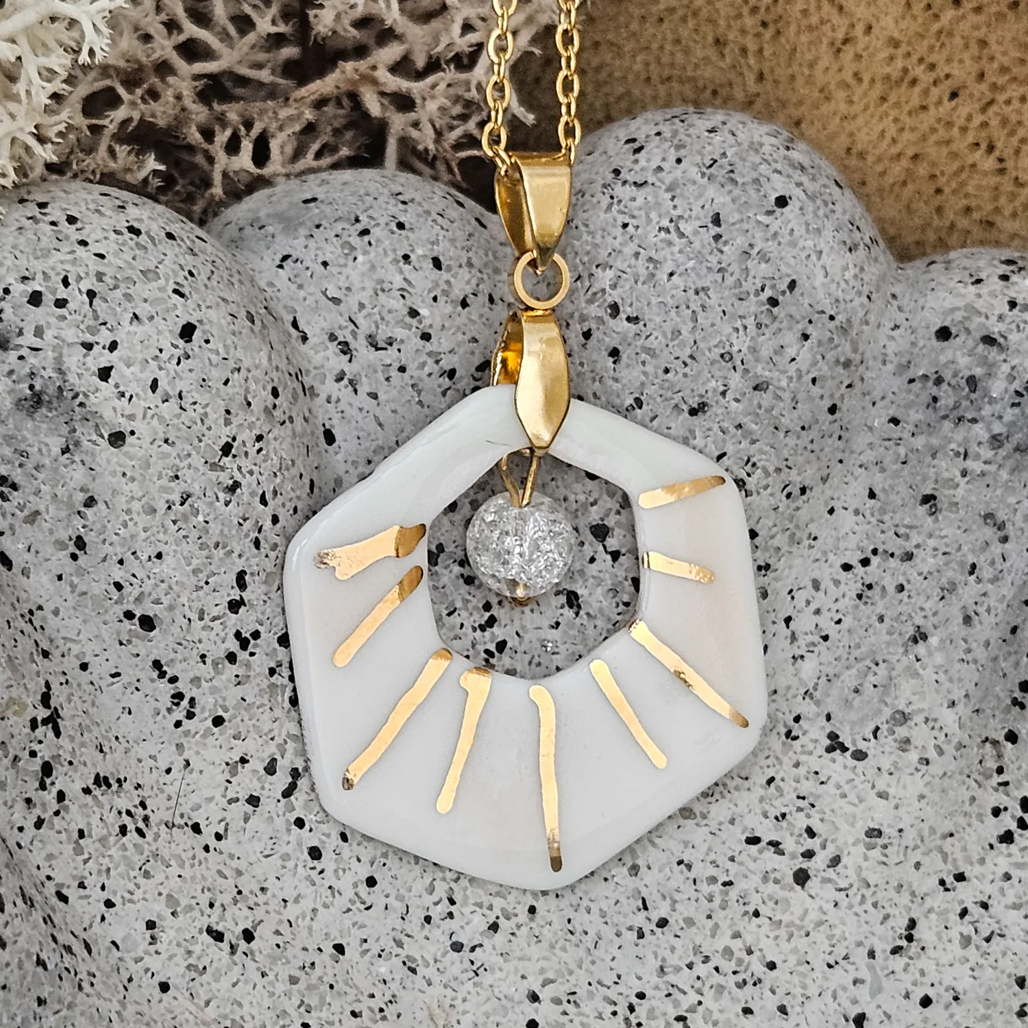 Two-sided pink fine ceramic porcelain designer necklace with ice crystal - hand-painted artisan geometric shell pattern with 22k gold plating
