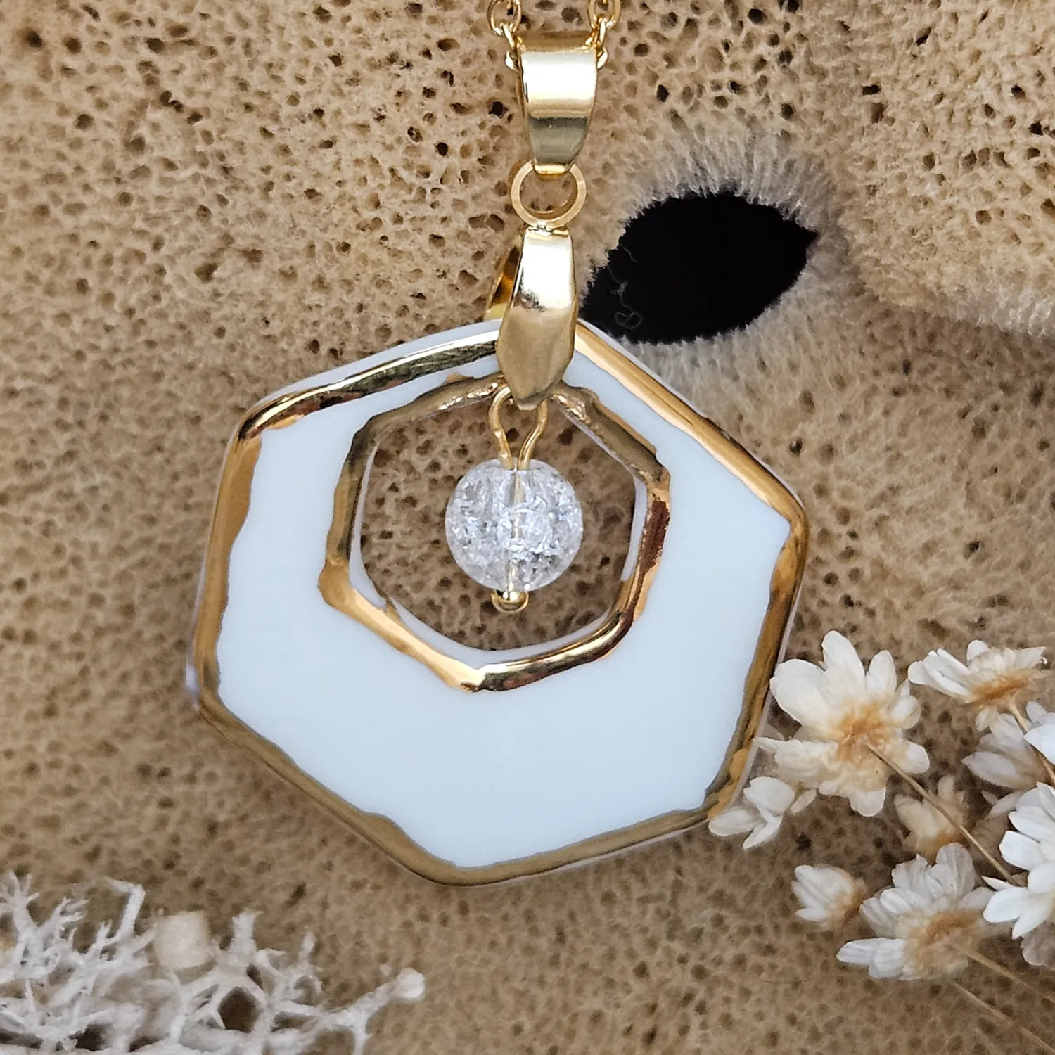 Two-sided pink fine ceramic porcelain designer necklace with ice crystal - hand-painted artisan geometric shell pattern with 22k gold plating - Image 3