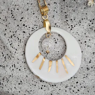 Two-sided pink fine ceramic porcelain designer necklace with ice crystal - hand-painted artisan geometric shell pattern with 22k gold plating
