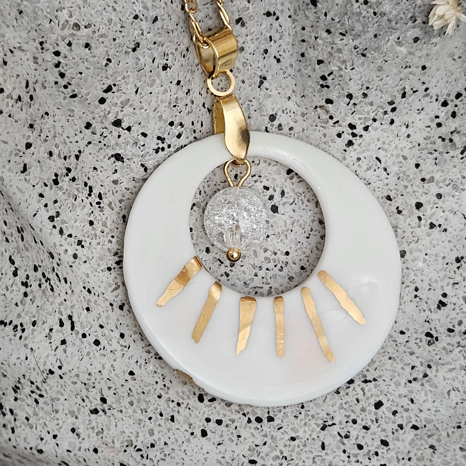 Two-sided pink fine ceramic porcelain designer necklace with ice crystal - hand-painted artisan geometric shell pattern with 22k gold plating