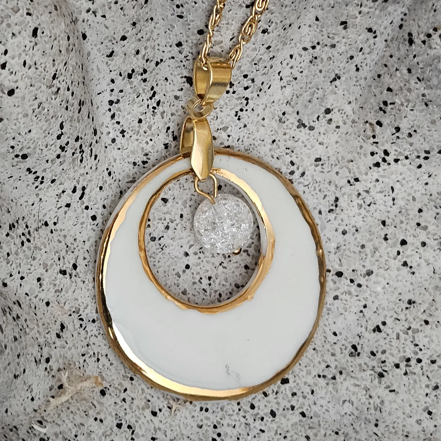 Two-sided pink fine ceramic porcelain designer necklace with ice crystal - hand-painted artisan geometric shell pattern with 22k gold plating - Image 2