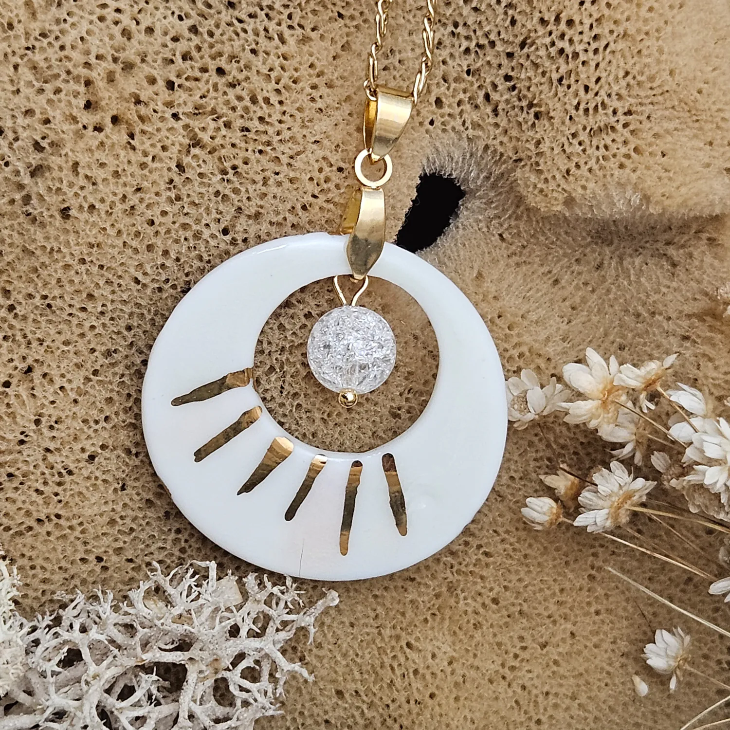 Two-sided pink fine ceramic porcelain designer necklace with ice crystal - hand-painted artisan geometric shell pattern with 22k gold plating - Image 4