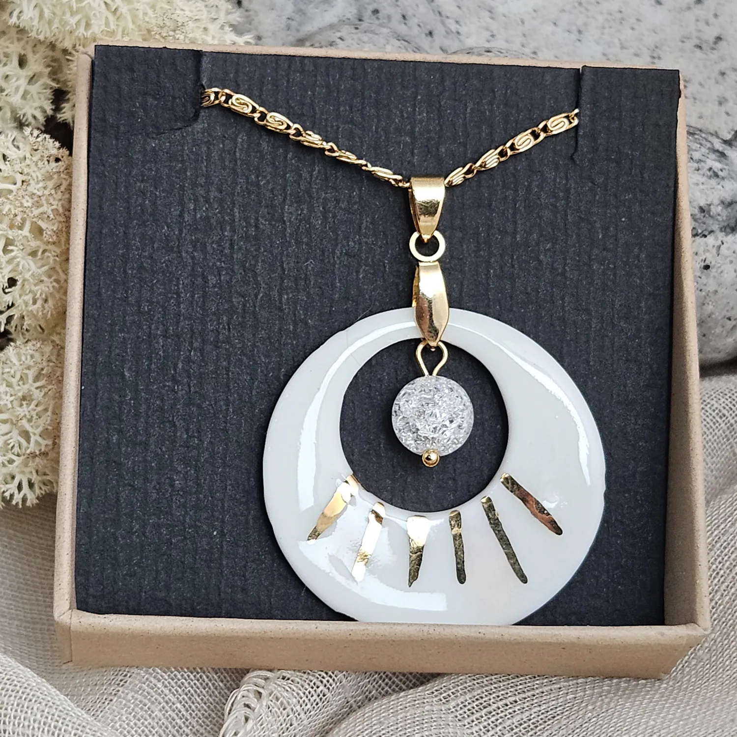Two-sided pink fine ceramic porcelain designer necklace with ice crystal - hand-painted artisan geometric shell pattern with 22k gold plating - Image 5