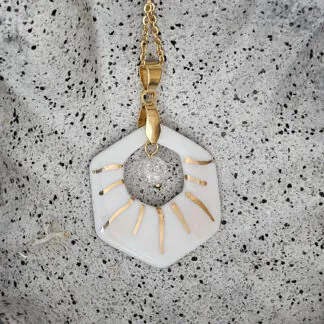 Two-sided pink fine ceramic porcelain designer necklace with ice crystal - hand-painted artisan geometric shell pattern with 22k gold plating