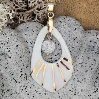 Rose pink fine ceramic porcelain designer necklace with ice crystal - hand-painted artisan geometric shell pattern with 22k gold plating