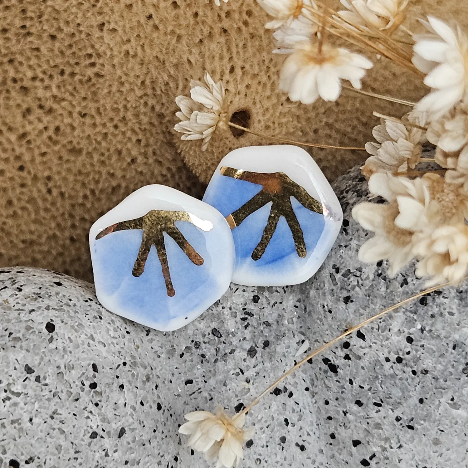 Cobalt blue fine ceramic porcelain hypoallergenic stud designer earrings for sensitive ears - hand-painted artisan geometric shell pattern with 22k gold plating