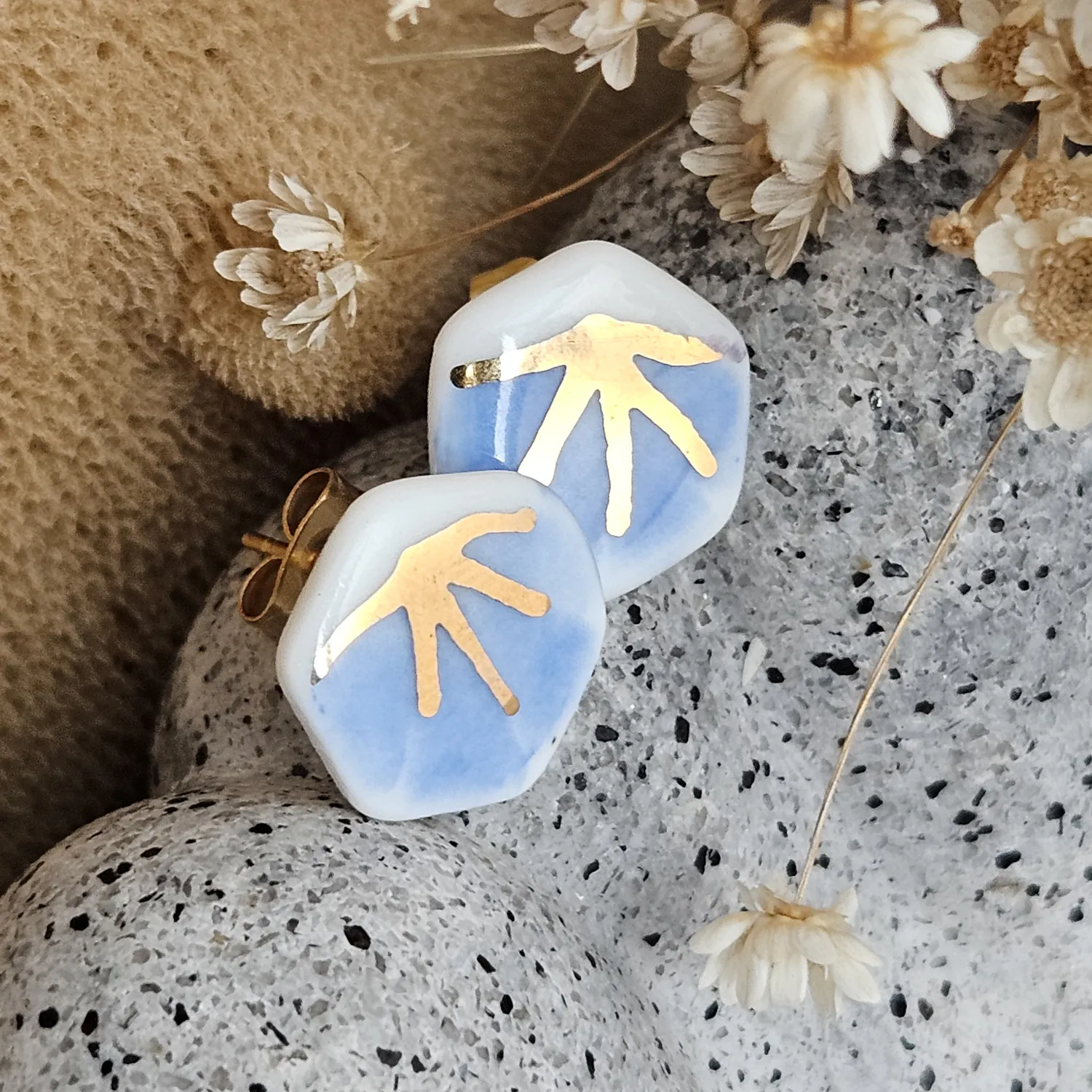 Cobalt blue fine ceramic porcelain hypoallergenic stud designer earrings for sensitive ears - hand-painted artisan geometric shell pattern with 22k gold plating - Image 2