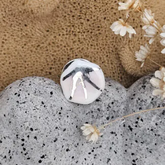 Rose pink fine ceramic porcelain pin - hand-painted artisan geometric shell pattern with silver accents (white gold)