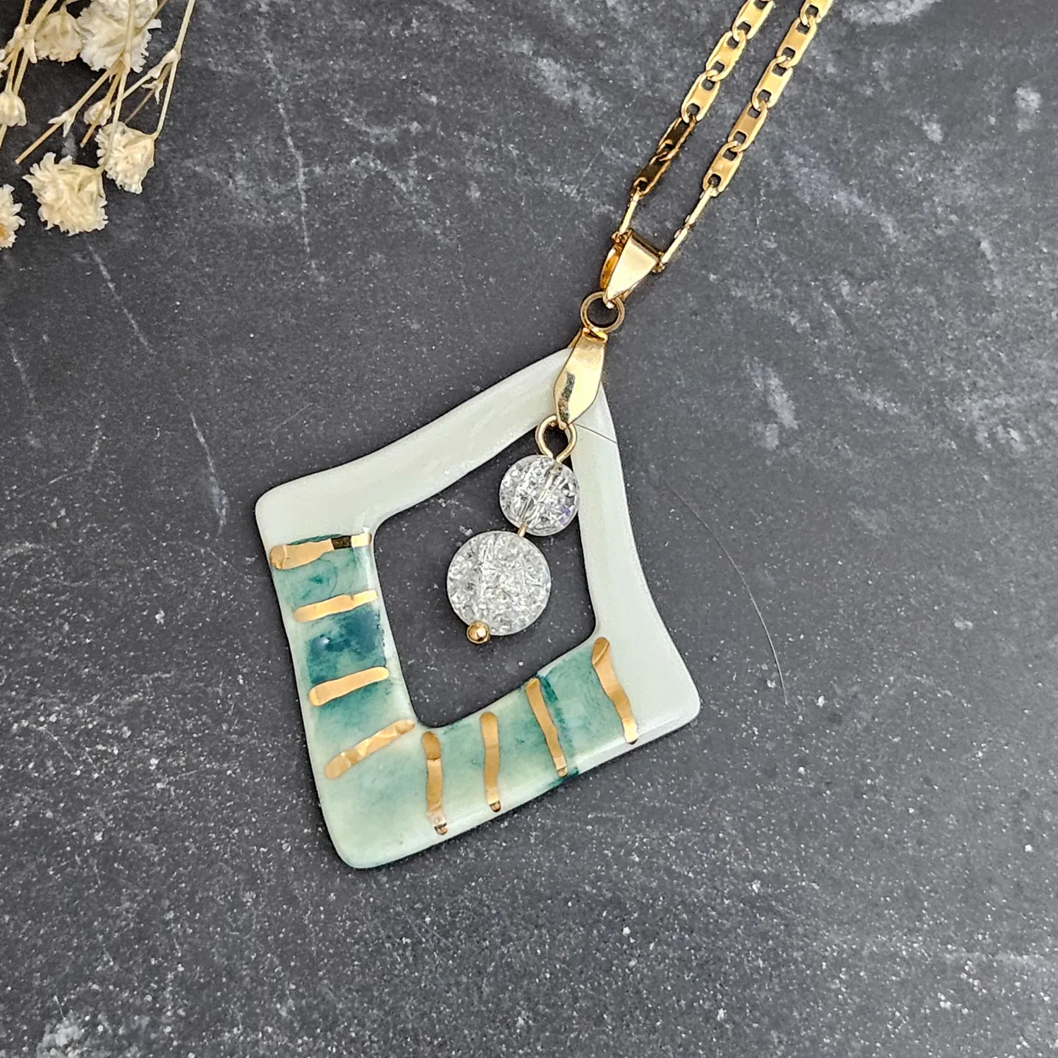 Two-sided hand-painted artisan green fine ceramic porcelain designer necklace with 22k gold plating and ice crystals